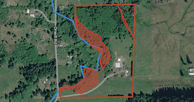 Aerial of 82 Oneill Rd with parcel boundary, flood and wetland overlays